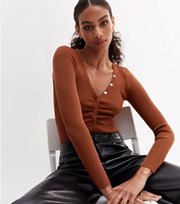 New Look Rust Ribbed Knit Ruched Button Front Bodysuit